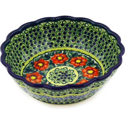 Polish Pottery Fluted Bowl 8&quot; Poppies All Around UNIKAT