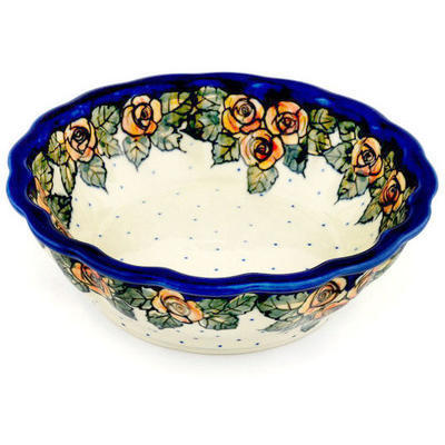 Polish Pottery Fluted Bowl 8&quot; Red Cabbage Roses