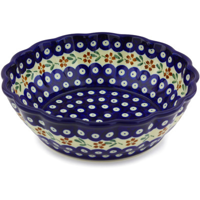 Polish Pottery Fluted Bowl 8&quot; Red Daisy Peacock