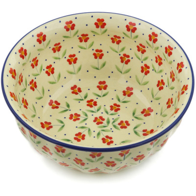 Polish Pottery Fluted Bowl 8&quot; Red Primrose