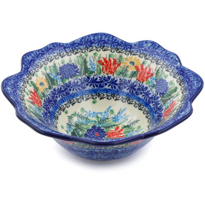 Polish Pottery Fluted Bowl 8&quot; Splendid Blue Bell UNIKAT