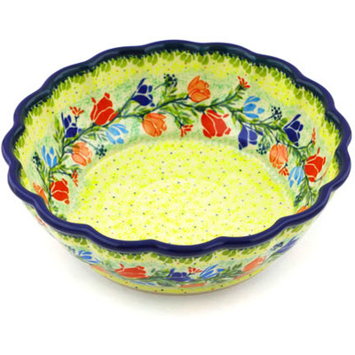 Polish Pottery Fluted Bowl 8&quot; Sunshine Tulips UNIKAT