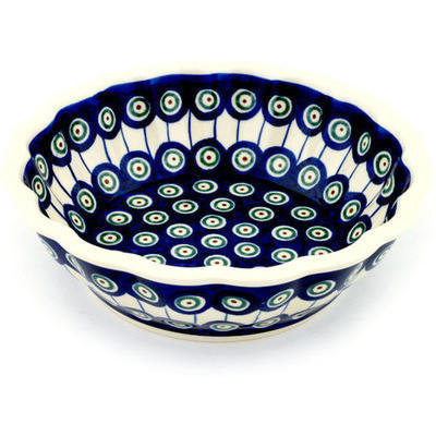 Polish Pottery Fluted Bowl 8&quot; Traditional Peacock