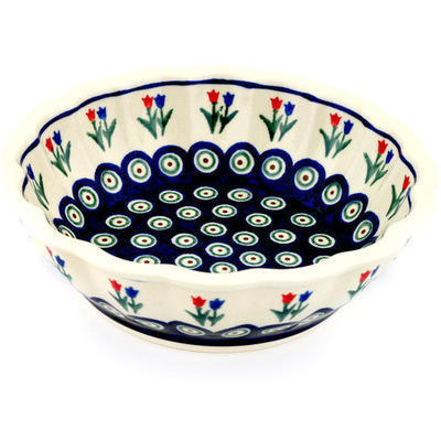 Polish Pottery Fluted Bowl 8&quot; Tulip Pair Peacock