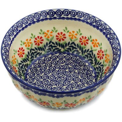 Polish Pottery Fluted Bowl 8&quot; Wave Of Flowers