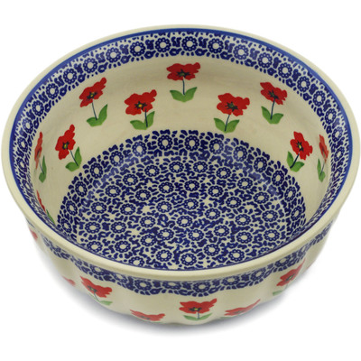 Polish Pottery Fluted Bowl 8&quot; Wind-blown Poppies