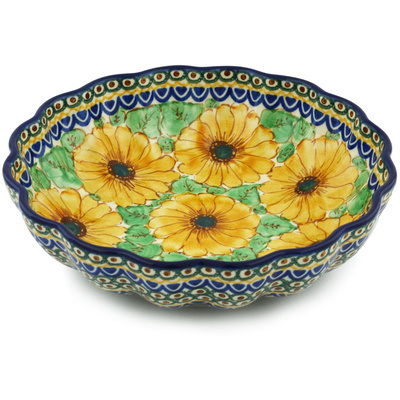 Polish Pottery Fluted Bowl 9&quot; August Sunflowers UNIKAT