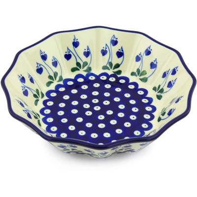 Polish Pottery Fluted Bowl 9&quot; Bleeding Heart Peacock