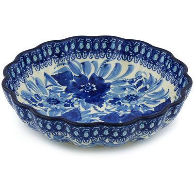 Polish Pottery Fluted Bowl 9&quot; Bleu Boquet UNIKAT