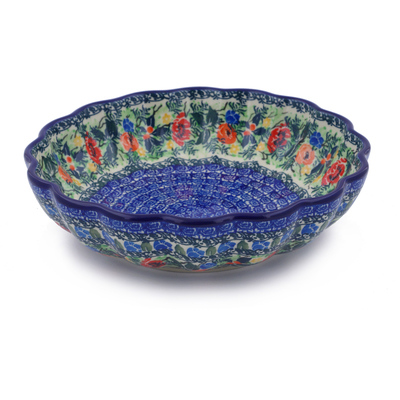 Polish Pottery Fluted Bowl 9&quot; Blue Daisy Bouquet UNIKAT