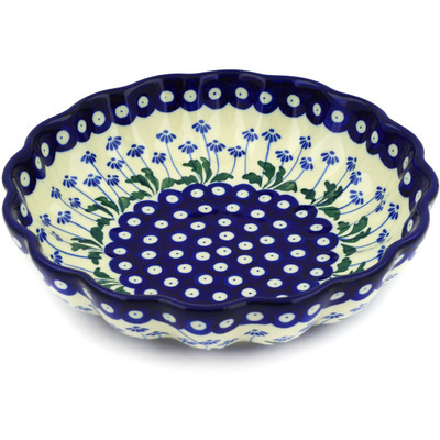 Polish Pottery Fluted Bowl 9&quot; Blue Daisy Peacock