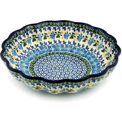 Polish Pottery Fluted Bowl 9&quot; Blue Fan Flowers