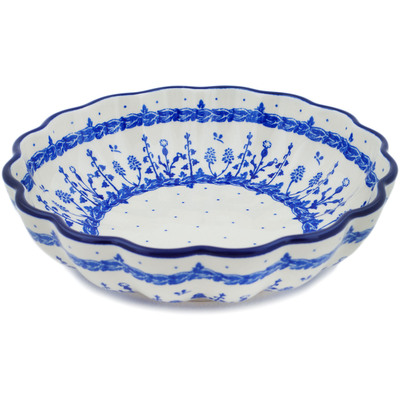 Polish Pottery Fluted Bowl 9&quot; Blue Flower Circle