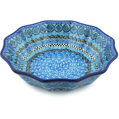 Polish Pottery Fluted Bowl 9&quot; Blue Kaleidoscope UNIKAT