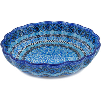 Polish Pottery Fluted Bowl 9&quot; Blue Kaleidoscope UNIKAT