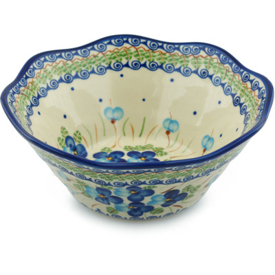 Polish Pottery Fluted Bowl 9&quot; Blue Pansy