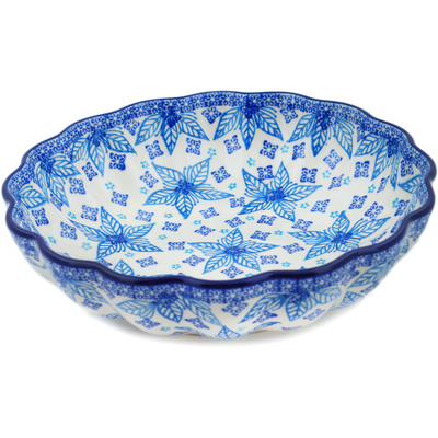 Polish Pottery Fluted Bowl 9&quot; Blue Poinsettia UNIKAT