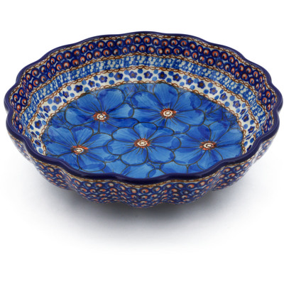 Polish Pottery Fluted Bowl 9&quot; Blue Poppies UNIKAT