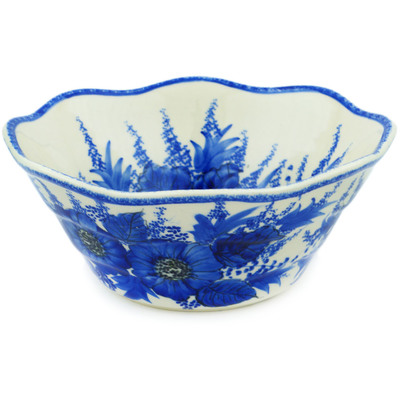 Polish Pottery Fluted Bowl 9&quot; Blue Poppy Dream