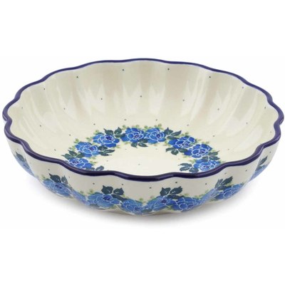 Polish Pottery Fluted Bowl 9&quot; Blue Rose