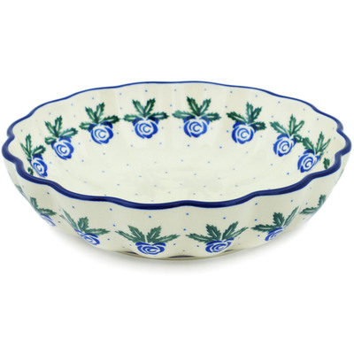 Polish Pottery Fluted Bowl 9&quot; Blue Rose