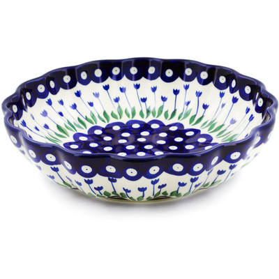 Polish Pottery Fluted Bowl 9&quot; Blue Tulip Peacock