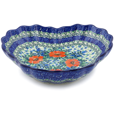 Polish Pottery Fluted Bowl 9&quot; Bluebells And Lace UNIKAT