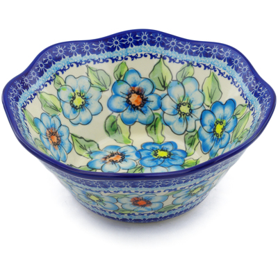 Polish Pottery Fluted Bowl 9&quot; Bold Blue Poppies UNIKAT
