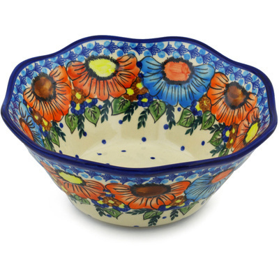 Polish Pottery Fluted Bowl 9&quot; Bold Poppies