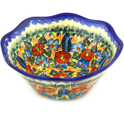 Polish Pottery Fluted Bowl 9&quot; Bold Poppies UNIKAT