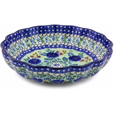 Polish Pottery Fluted Bowl 9&quot; Bright Blue Pansy UNIKAT