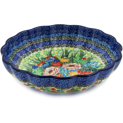 Polish Pottery Fluted Bowl 9&quot; Carnation Valley UNIKAT