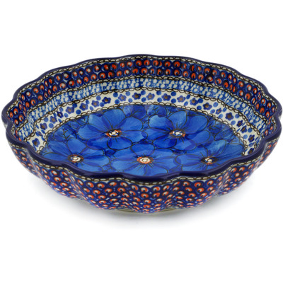 Polish Pottery Fluted Bowl 9&quot; Cobalt Poppies UNIKAT