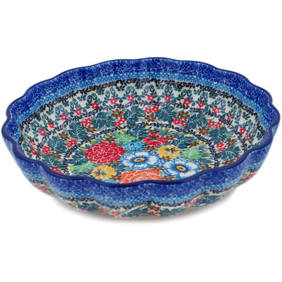 Polish Pottery Fluted Bowl 9&quot; Delightful Motif UNIKAT