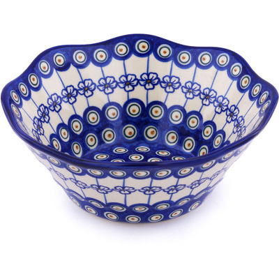 Polish Pottery Fluted Bowl 9&quot; Flowering Peacock