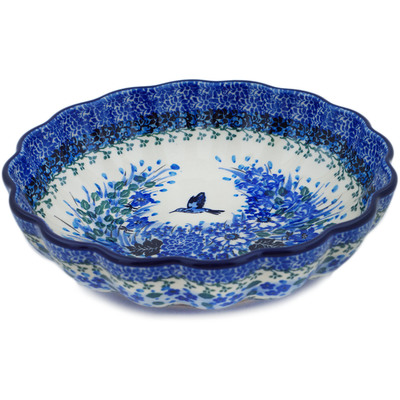 Polish Pottery Fluted Bowl 9&quot; Hummingbird Blue UNIKAT