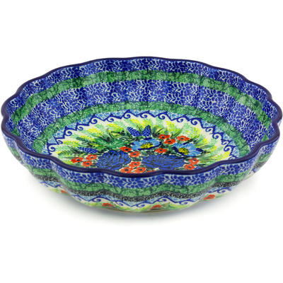Polish Pottery Fluted Bowl 9&quot; Joyful Blue UNIKAT