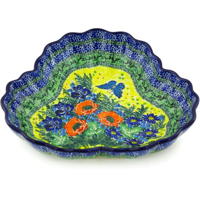 Polish Pottery Fluted Bowl 9&quot; Monarch Bouquet UNIKAT