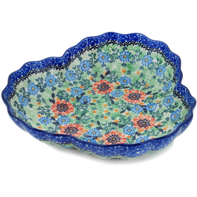 Polish Pottery Fluted Bowl 9&quot; Peach Daisies UNIKAT