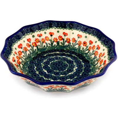 Polish Pottery Fluted Bowl 9&quot; Peach Spring Daisy