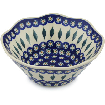 Polish Pottery Fluted Bowl 9&quot; Peacock