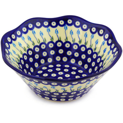 Polish Pottery Fluted Bowl 9&quot; Peacock Tulip Garden