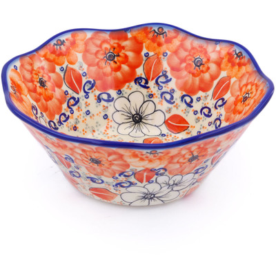 Polish Pottery Fluted Bowl 9&quot; Poppy Passion
