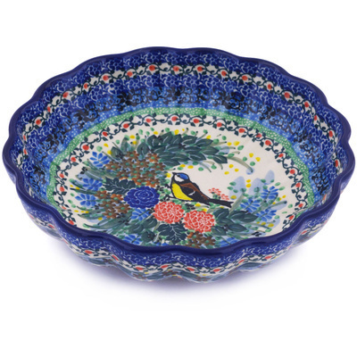 Polish Pottery Fluted Bowl 9&quot; Robbin&#039;s Meadow UNIKAT