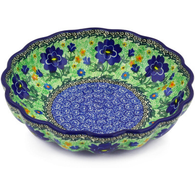 Polish Pottery Fluted Bowl 9&quot; Sapphire Pansies UNIKAT
