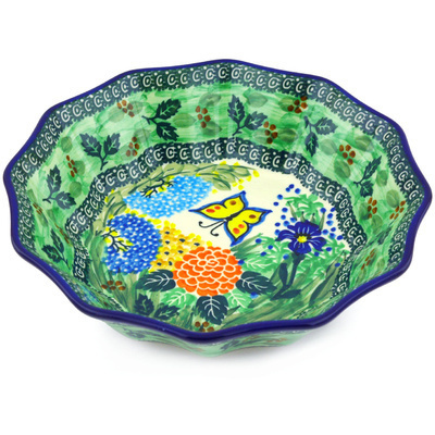 Polish Pottery Fluted Bowl 9&quot; Spring Garden UNIKAT