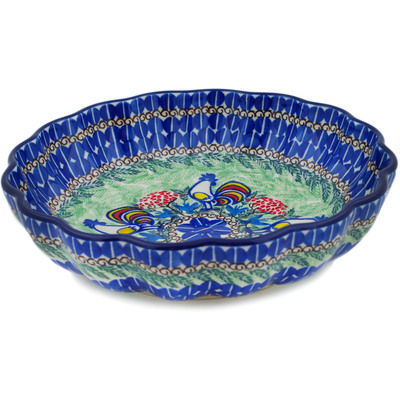 Polish Pottery Fluted Bowl 9&quot; Summer Rooster UNIKAT