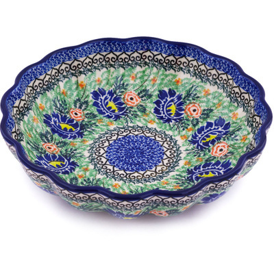 Polish Pottery Fluted Bowl 9&quot; Sunflower Blue UNIKAT