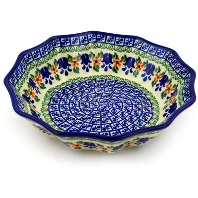 Polish Pottery Fluted Bowl 9&quot; Texas Bluebell