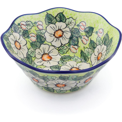 Polish Pottery Fluted Bowl 9&quot; White Flower Bouquet UNIKAT